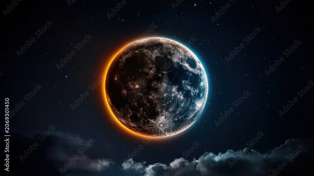 Obraz premium Beautiful night sky featuring a luminous crescent moon surrounded by sparkling stars and delicate wispy clouds