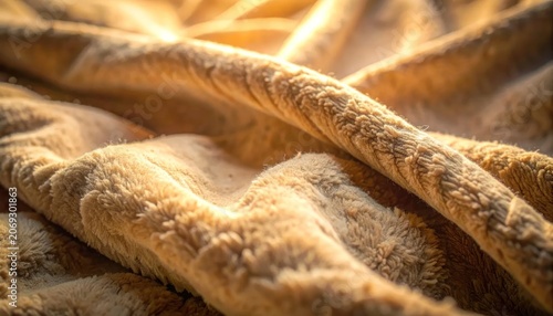Close-up Texture of Cozy Golden Faux Fur Fabric.