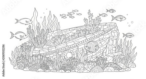 Underwater shipwreck with fish and seaweed illustration.