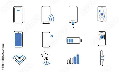 Mobile Technology and Connectivity Line Icons Set – Smartphone, WiFi, Bluetooth, Charging, Signal Outline Collection