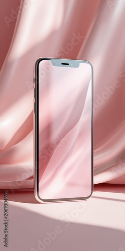 Smartphone mockup against abstract flowing fabric soft pastel colors modern display