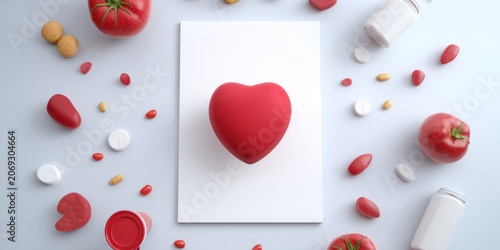 Red heart surrounded by tomatoes and pills on white surface conceptual design