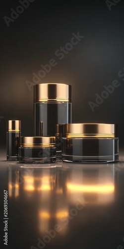 Cosmetic jars in elegant black and gold design with reflective surface