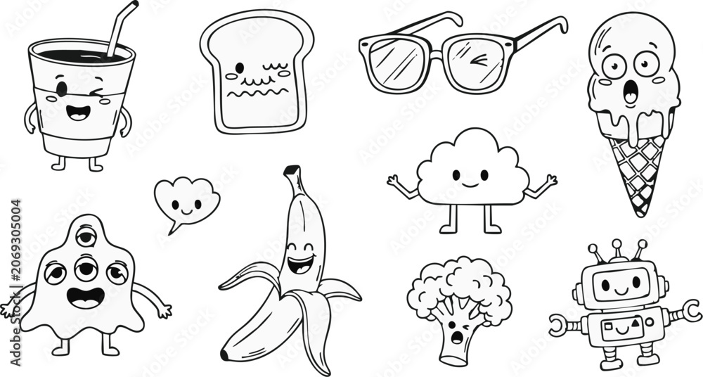 Obraz premium Doodles featuring happy food items and quirky characters are drawn in a playful style to enhance creative projects and educational materials.