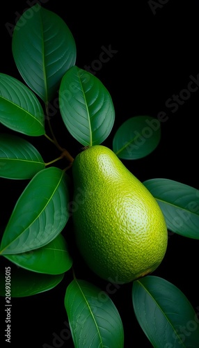 Fresh green avocado with leaves isolated on black, ||fruit, leaf