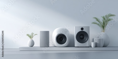 Modern audio speakers and decorative items on a minimalist shelf product display