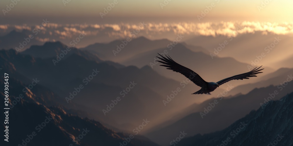 Naklejka premium Soaring eagle silhouetted against mountainous terrain and golden sky at sunset