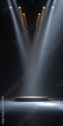 Dramatic stage with spotlights illuminating a round platform against a dark background