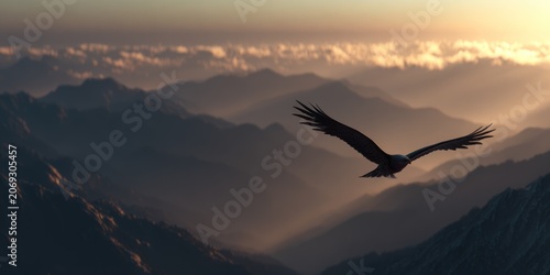 Soaring eagle silhouetted against mountainous terrain and golden sky at sunset