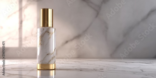 Cosmetic product bottle with gold elements on marble background
