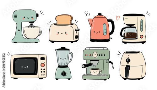 Kitchen Appliances Cartoon Style.