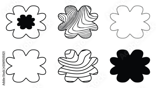 Collection of floral and cloud-shaped abstract vector frames with distorted liquid lines and organic flower silhouettes