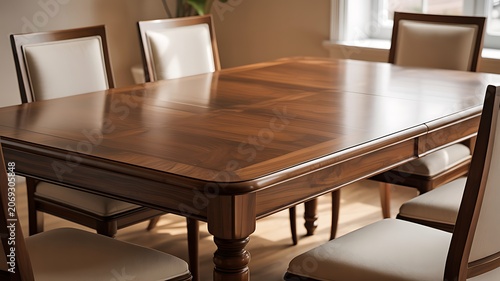 Wooden Dining Table with Upholstered Chairs in Bright Room  