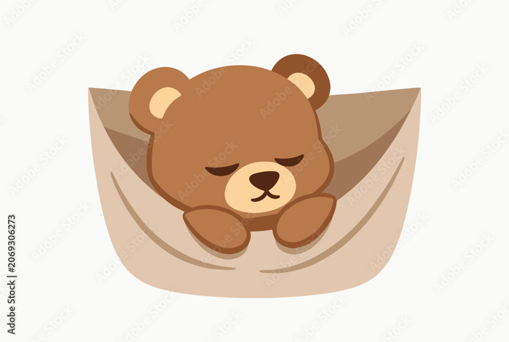 Obraz premium Adorable cartoon brown bear cub sleeping peacefully inside a cozy tan shirt pocket on a clean white background.