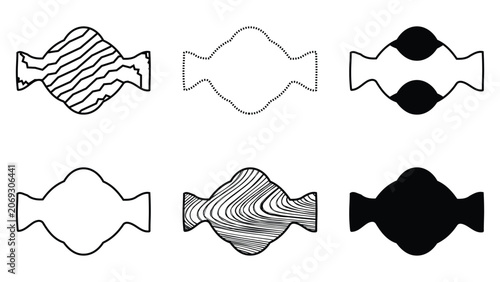 Collection of candy-shaped abstract vector frames and decorative geometric labels with organic wavy textures