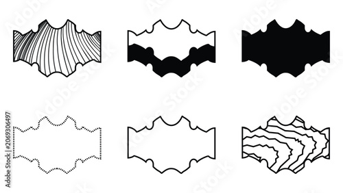 Collection of abstract liquid-style irregular frames and distorted geometric text banners with wavy organic edges