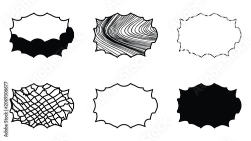 Collection of spiky abstract speech bubbles and distorted geometric frames with organic wavy and mesh textures