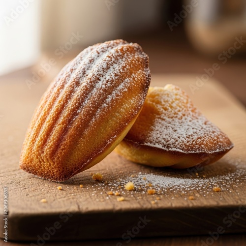 Two French Madeleines dusted with powdered sugar on a wooden board.