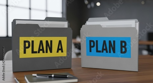 Two Folders Labeled Plan A and Plan B on a Desk.