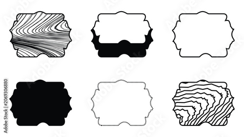 Collection of vintage-style ornate vector frames and decorative baroque label silhouettes with abstract wavy woodgrain textures