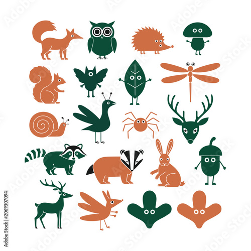 Forest animal collection flat vector illustration with simplified shapes