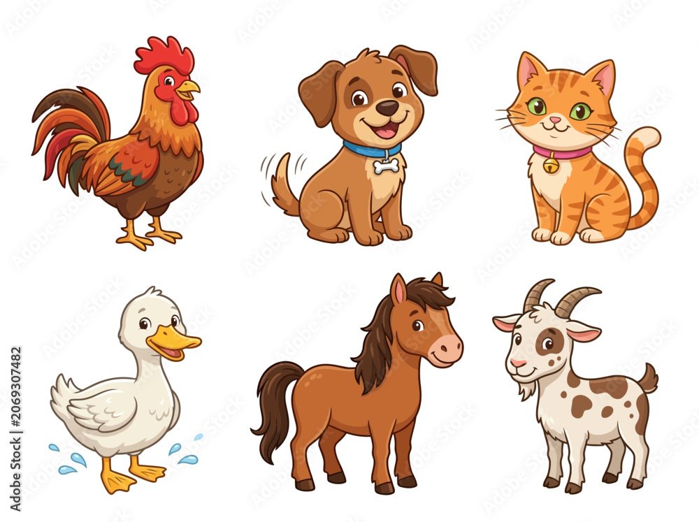 Fototapeta premium Farmyard animals set includes a rooster, dog, cat, duck, horse, and goat in a cheerful cartoon style.