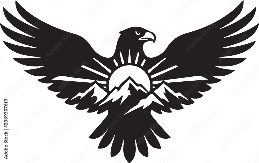 Fototapeta premium Eagle Flying Over Mountains Silhouette Emblem Graphic Design