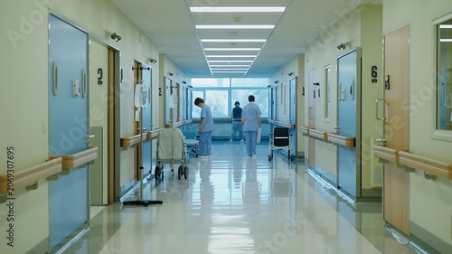  Clean Hospital Corridor with Medical Staff Walking  