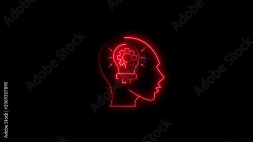 Neon red outline of a human head profile with a glowing light bulb and gear symbol inside, representing innovation, creativity, and mechanical thinking on a black background.