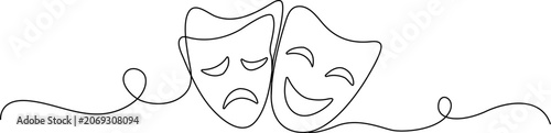 Photos Continuous line drawing Theater masks, comedy and tragedy faces, drama symbols,