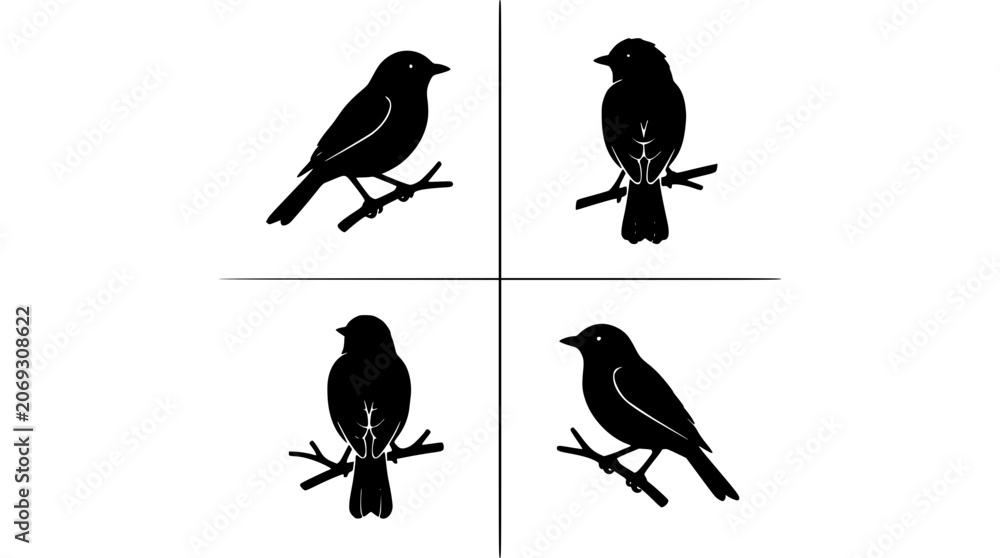 Fototapeta premium Bird Silhouettes in Four Different Poses on a Cross Grid, Minimalist Black Icons for Design and Nature Themes