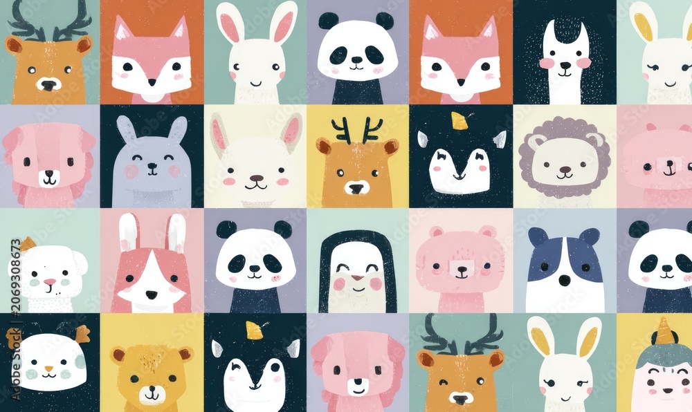 Fototapeta premium Cute animal faces in colorful squares