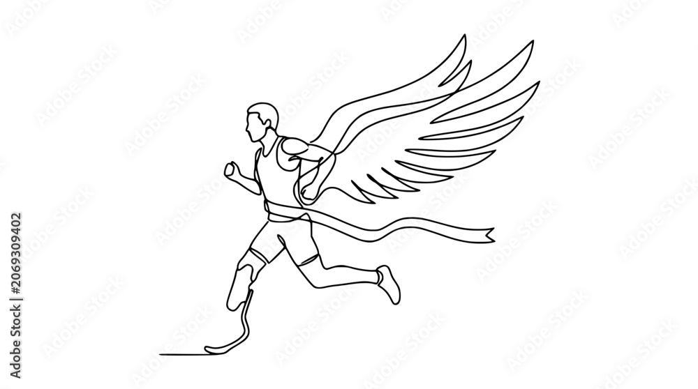Obraz premium Paralympic runner with wings crossing finish line, single line drawing