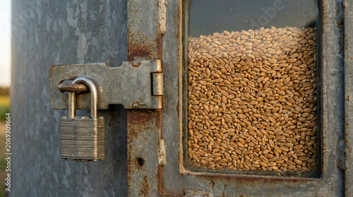 Grain Seed Storage Metal Lock Agriculture Food Ecosystem Resilient Climate Wheat Harvest Farm Container Protection Security Closeup Natural Organic Dry Healthy Nutrition Crop Field Rural Supply