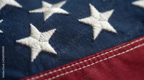 Close up of embroidered stars and red stripes on American flag