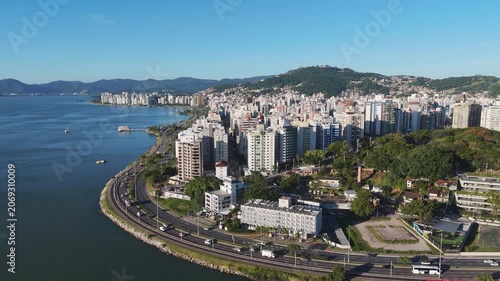 High Angle Aerial Shot of Florianopolis Beira Mar Norte Cityscape with Skyscrapers Public Park and Ocean Bay