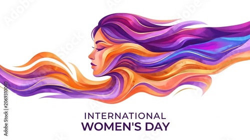 International Women's Day banner with stylized woman and flowing rainbow hair.