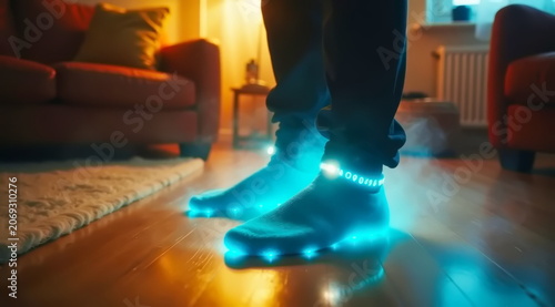 At home, a person's feet are wearing futuristic LED-lit socks.