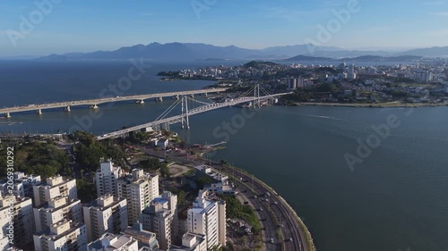 Aerial Panorama of Hercilio Luz Bridge and Colombo Salles Bridge over the Sea under Blue Sky in Florianopolis Santa Catarina