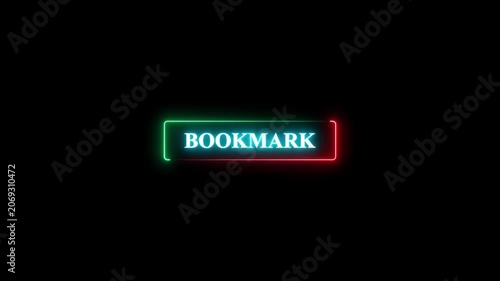 Neon sign with the word bookmark glowing in green and red colors against a dark background.