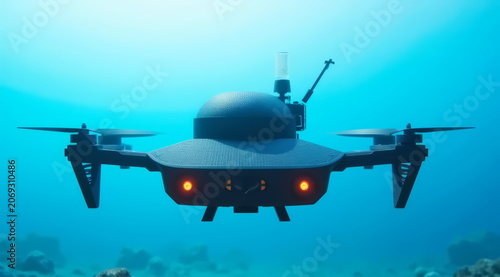 An underwater drone for deep-sea exploration floats underwater.