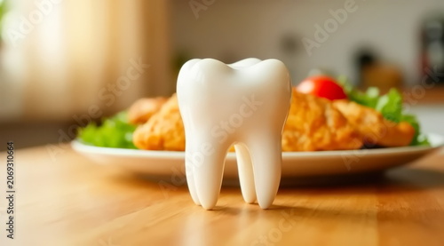 A white healthy tooth stands at home against the background of a plate with food, meat and greens.