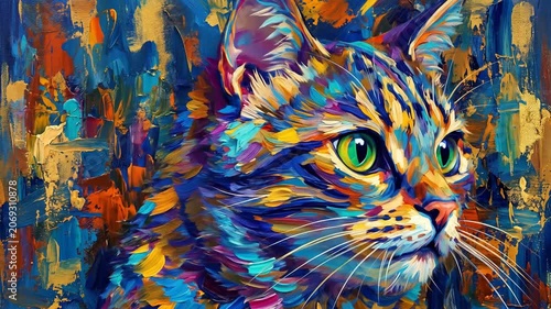Vibrant abstract oil painting of a domestic cat face with colorful brushstrokes.