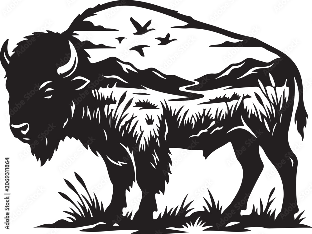 Obraz premium Double Exposure Bison Silhouette with Mountain Landscape Graphic