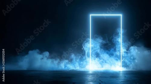Illuminated neon square frame in the middle of smoke on a dark background.