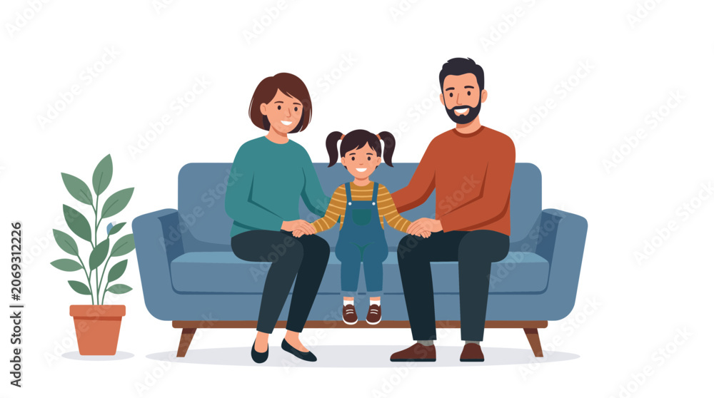 Obraz premium Happy Family Portrait Sitting Together On A Blue Sofa With A Potted Plant Beside Them