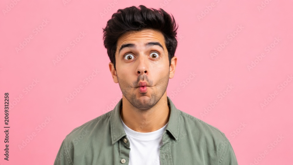 Obraz premium Surprised Young Man Making Funny Fish Face Expression on Pink Studio Background