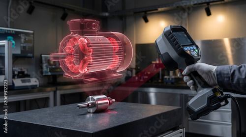 Hand holding 3d scanner with red laser scanning motor for metrology