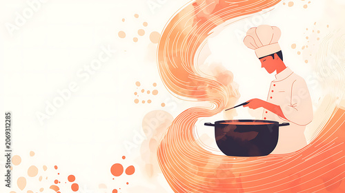 A chef prepares a meal with steam rising from the pot in kitchen