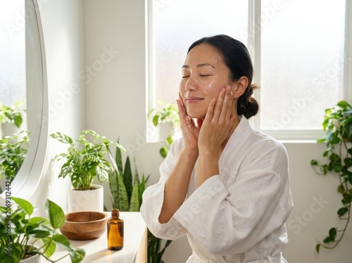 A Young Woman Applying Facial Serum In A Bright Sunlit Morning Bathroom